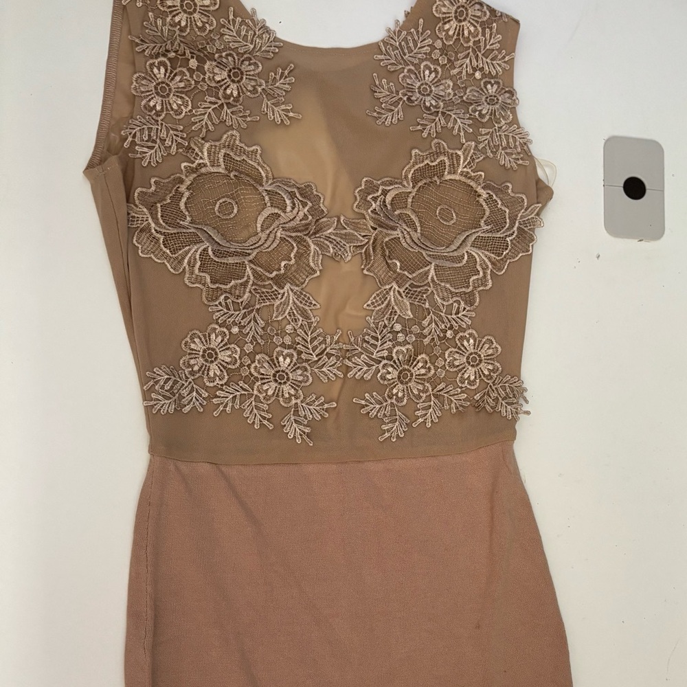 Elegant Lace Detail Tan Dress